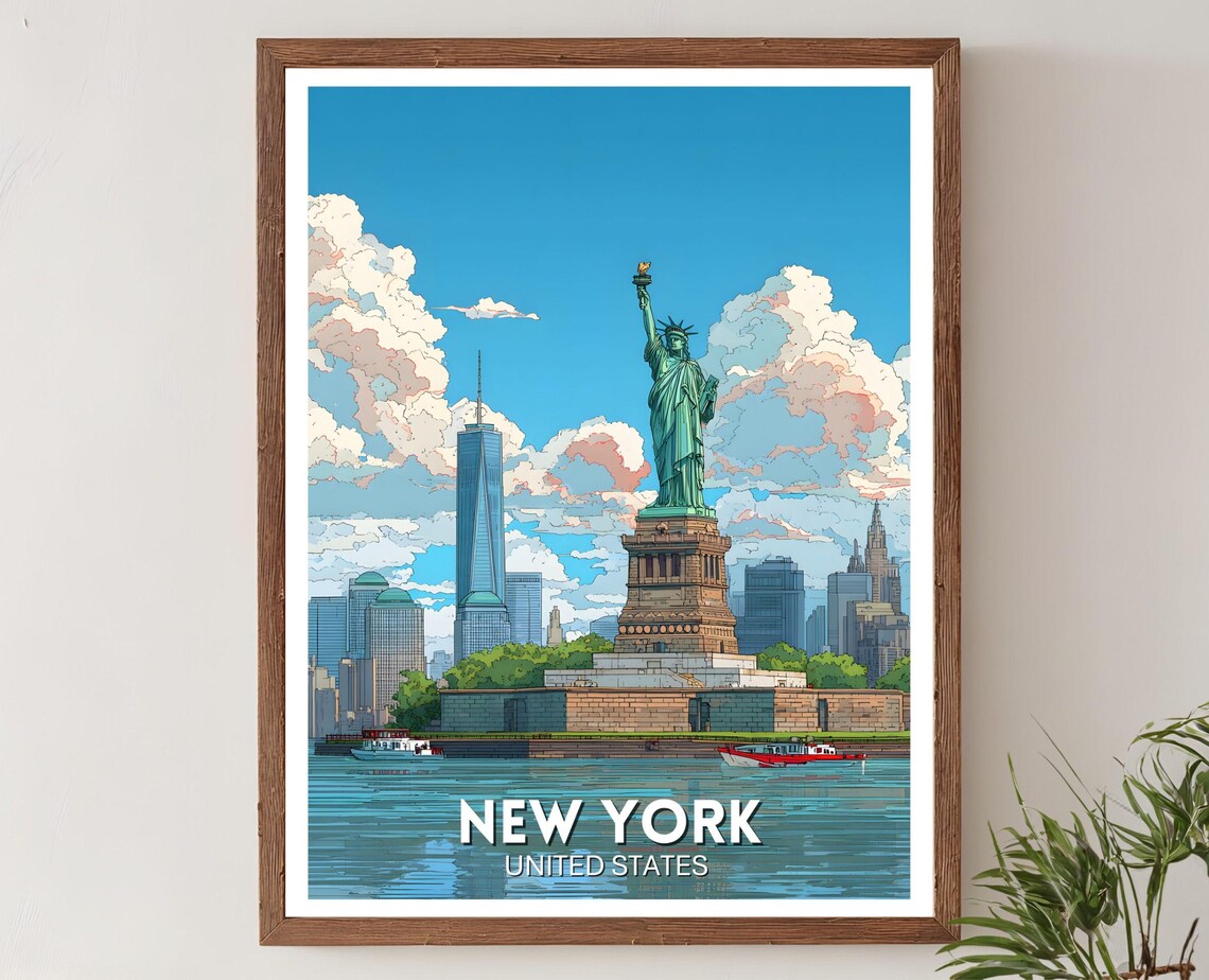 New York United States Statue of Liberty Skyline Travel Poster