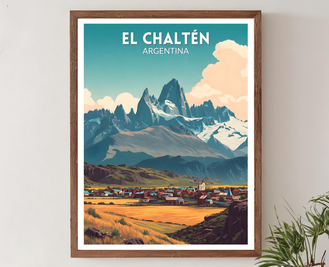El Chaltén Argentina Retro Travel Poster, Mountain Landscape