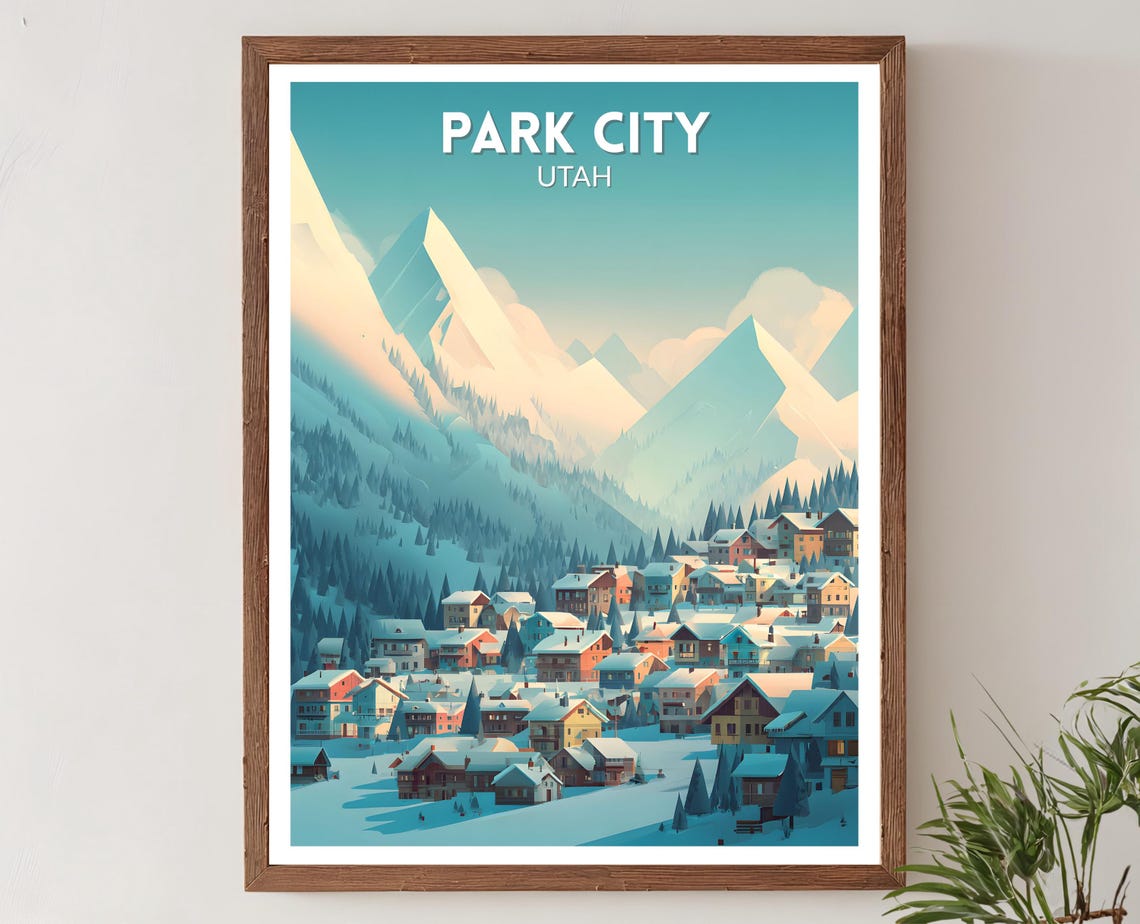 Park City Utah Snowy Mountain Town Mid Century Winter Poster