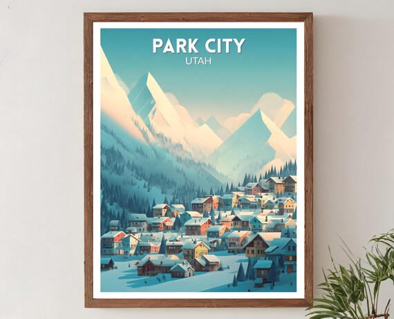Park City Utah Snowy Mountain Town Mid Century Winter Poster