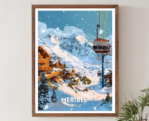 Meribel France Ski Resort Alpine Gondola Snowy Travel Poster