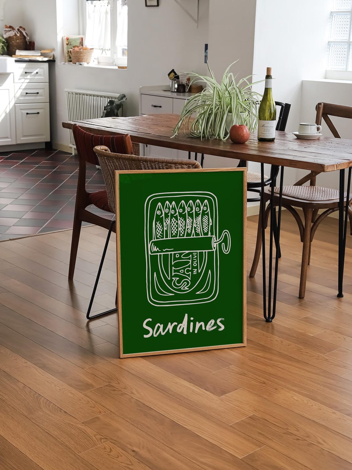 White Sardines Tin Line Art Deep Green Kitchen Mid Century Poster - Image 2