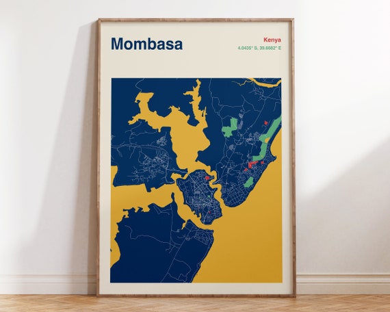 Mombasa Kenya Map Poster, Travel Wall Art
