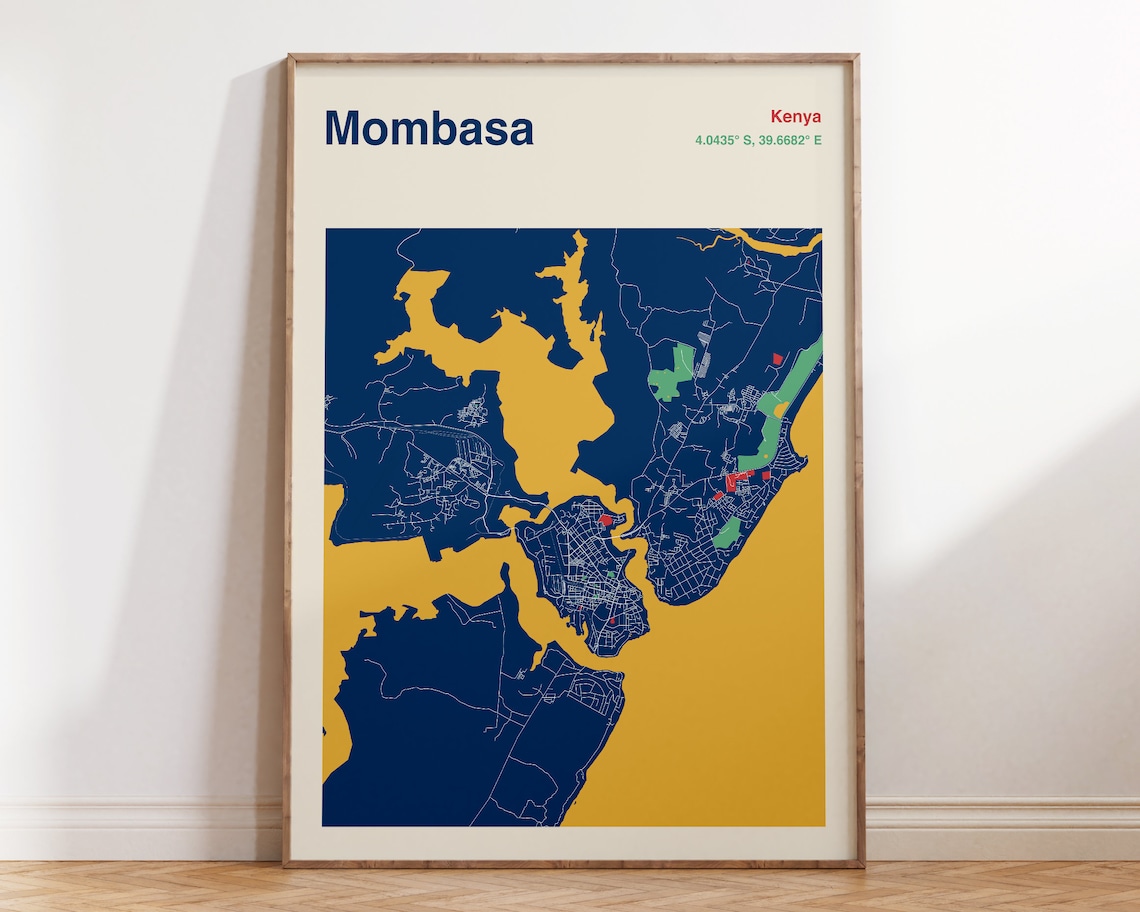 Mombasa Kenya Map Poster, Travel Wall Art