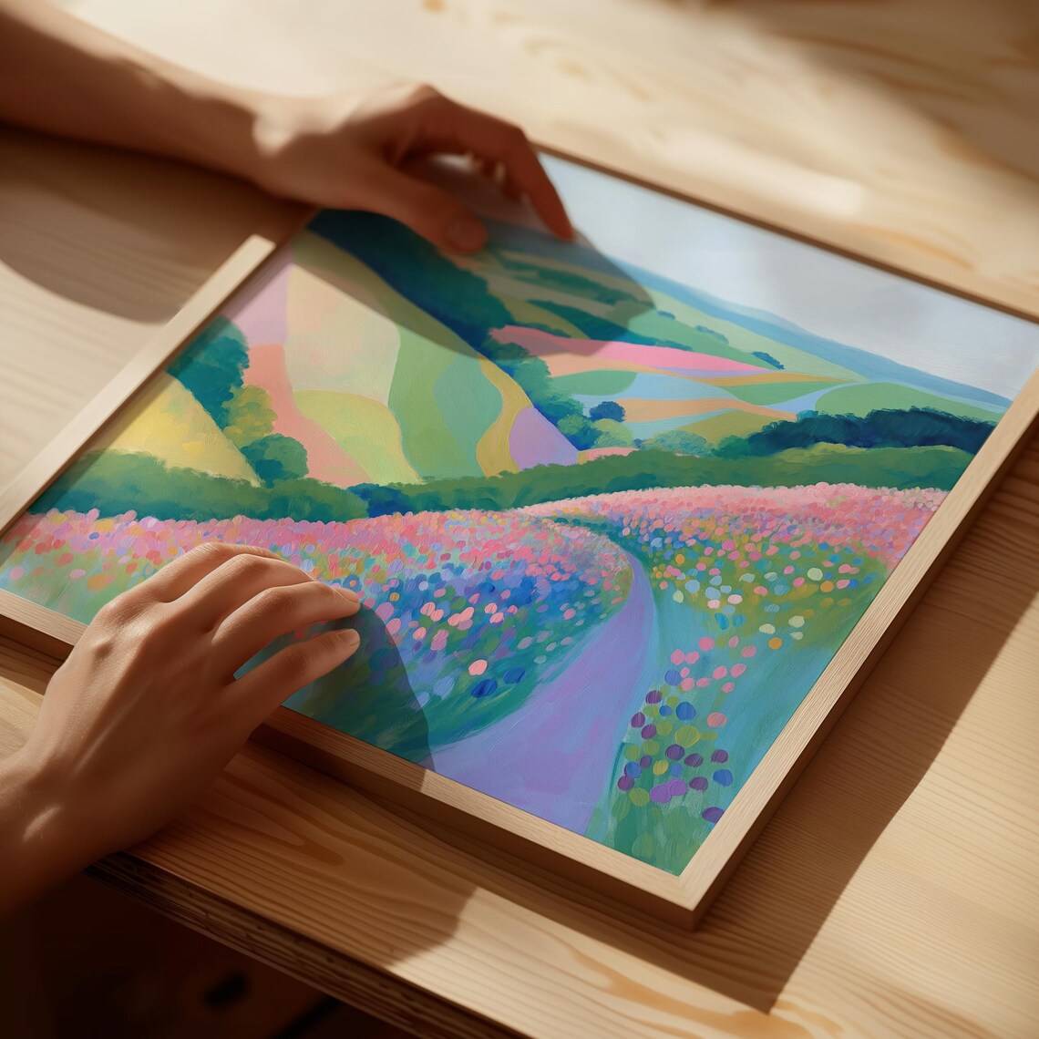 Pastel Wildflower Meadow Rolling Hills Colorful Landscape Poster - Image 2