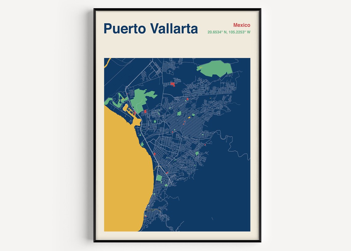 Puerto Vallarta Mexico Color Block City Map Coastal Travel Poster