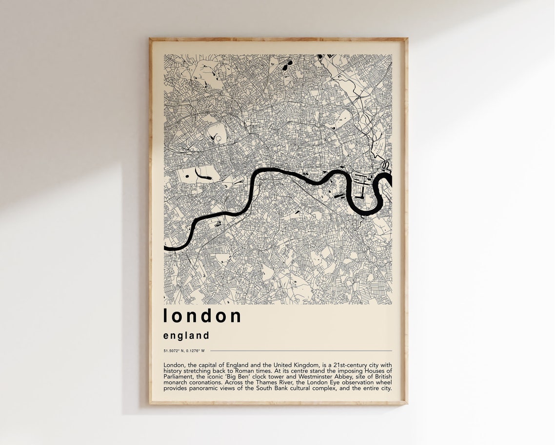 London England Minimal City Map Thames River Black Cream Poster