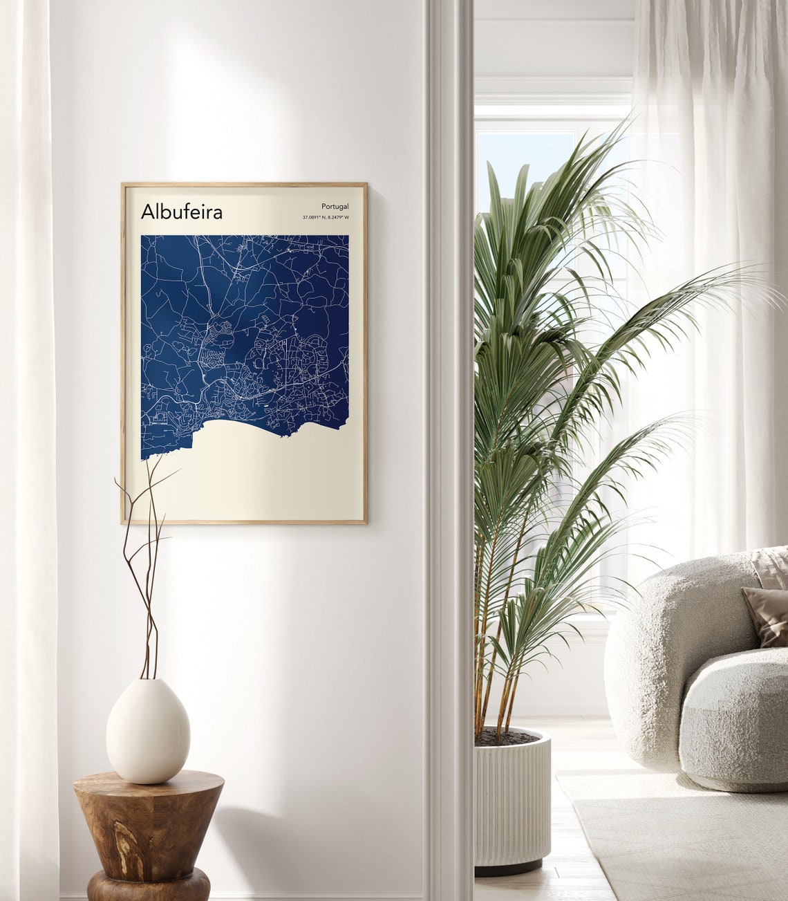 Albufeira Portugal Monochrome Teal Algarve Coast Town Map Art Poster - Image 3