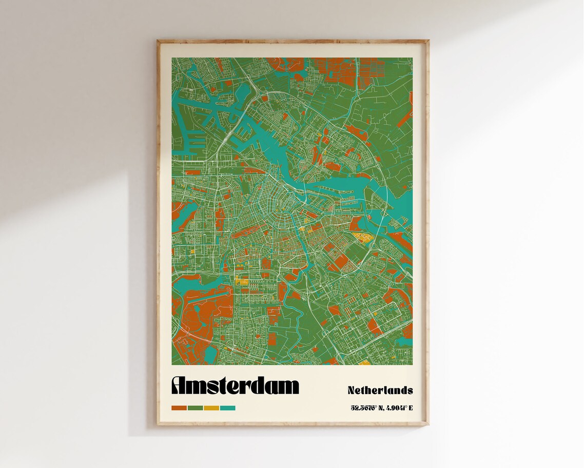 Amsterdam Netherlands Retro Colorful Canal City Map Travel Poster