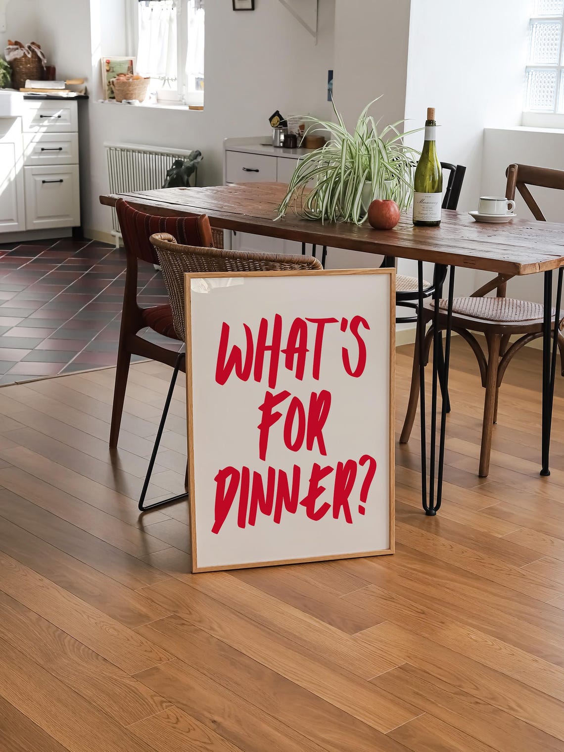 Whats For Dinner Red Brush Script Cream Retro Kitchen Art Poster - Image 3