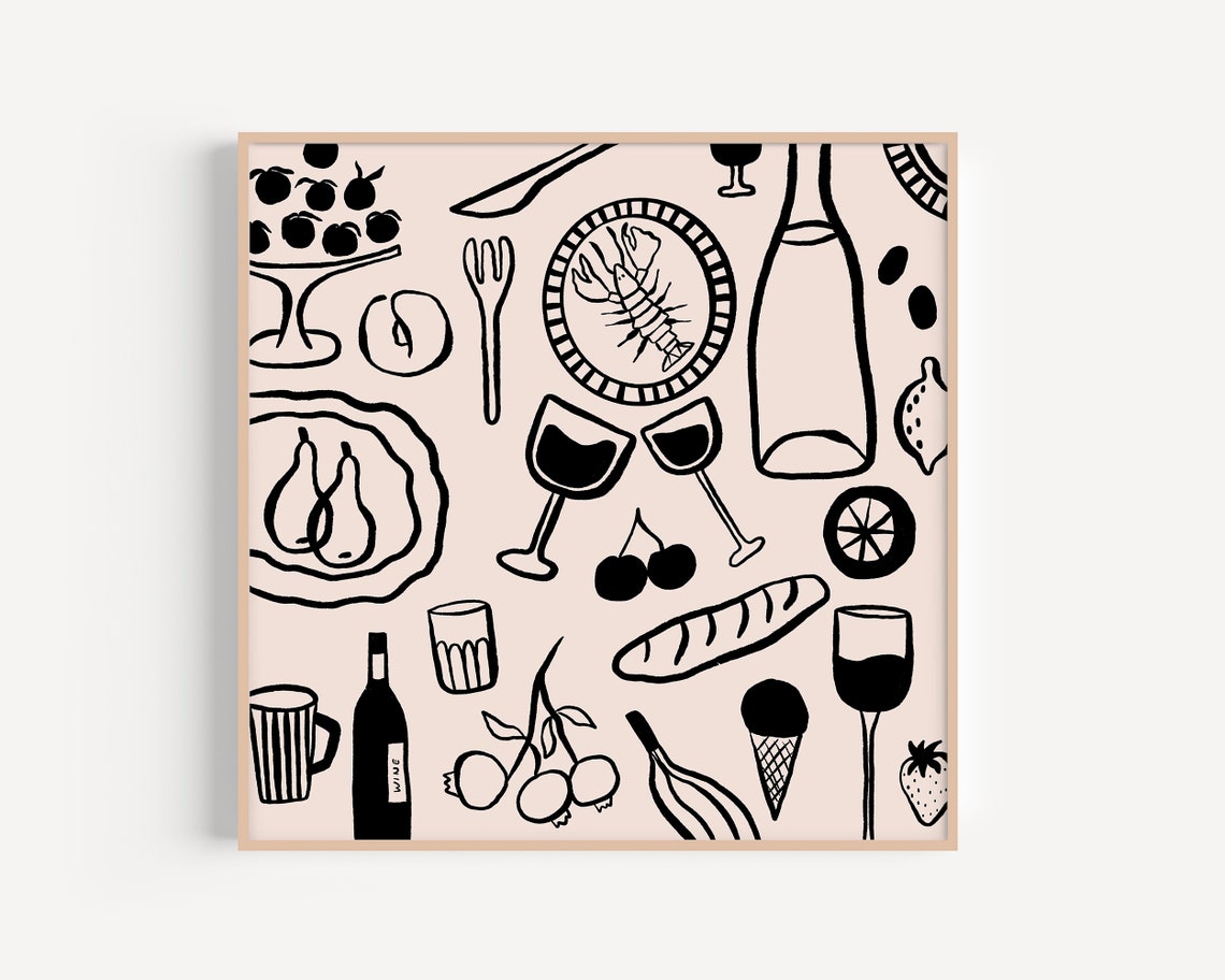 Food and Drink Line Art Doodle Monochrome Kitchen Illustration Poster