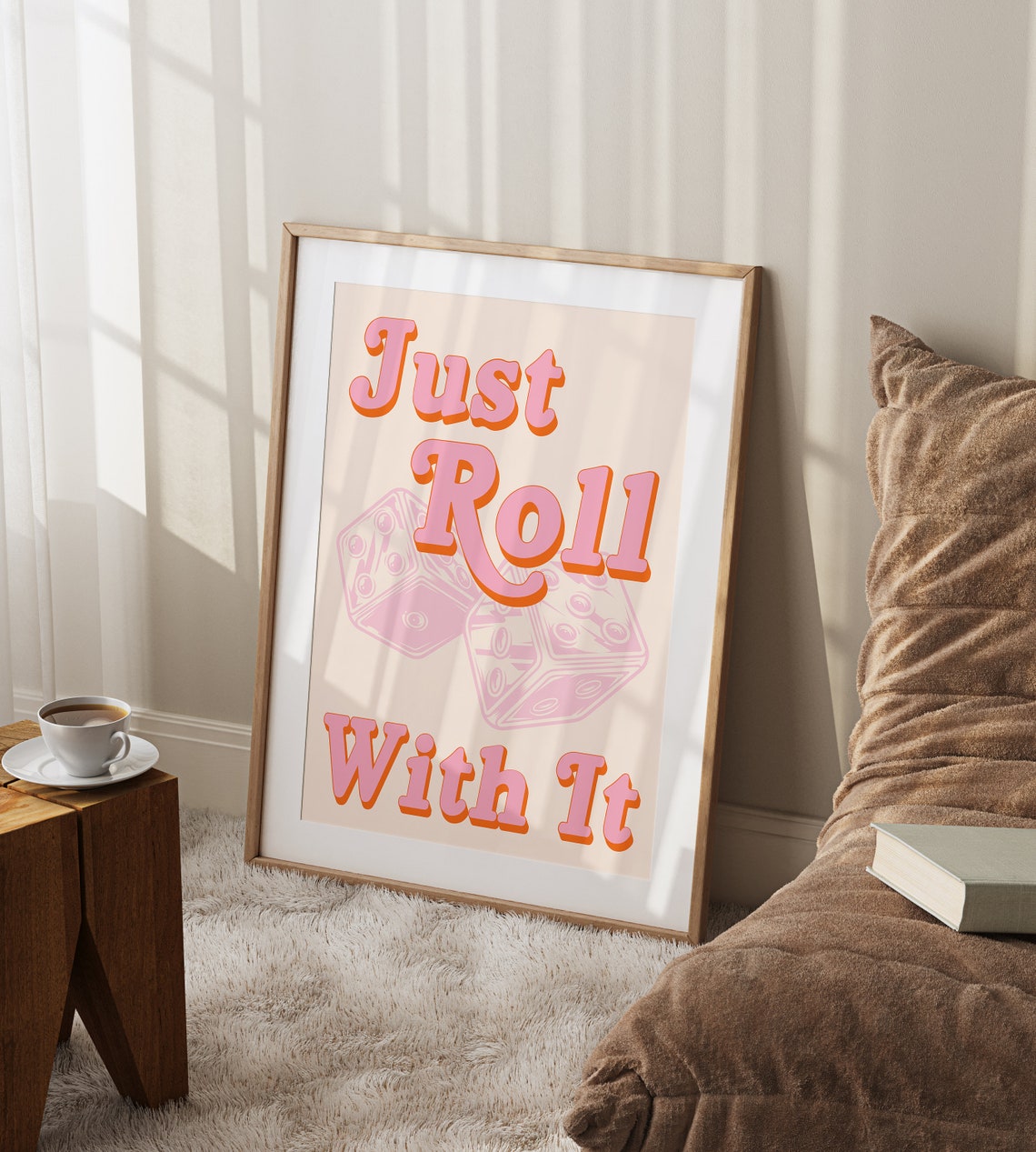 Just Roll With It Retro Pink Dice Typography Fun Quote Poster - Image 3
