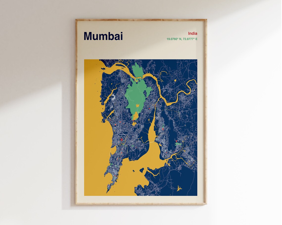 Mumbai India Colourful Harbour City Map Poster in Navy Gold and Green