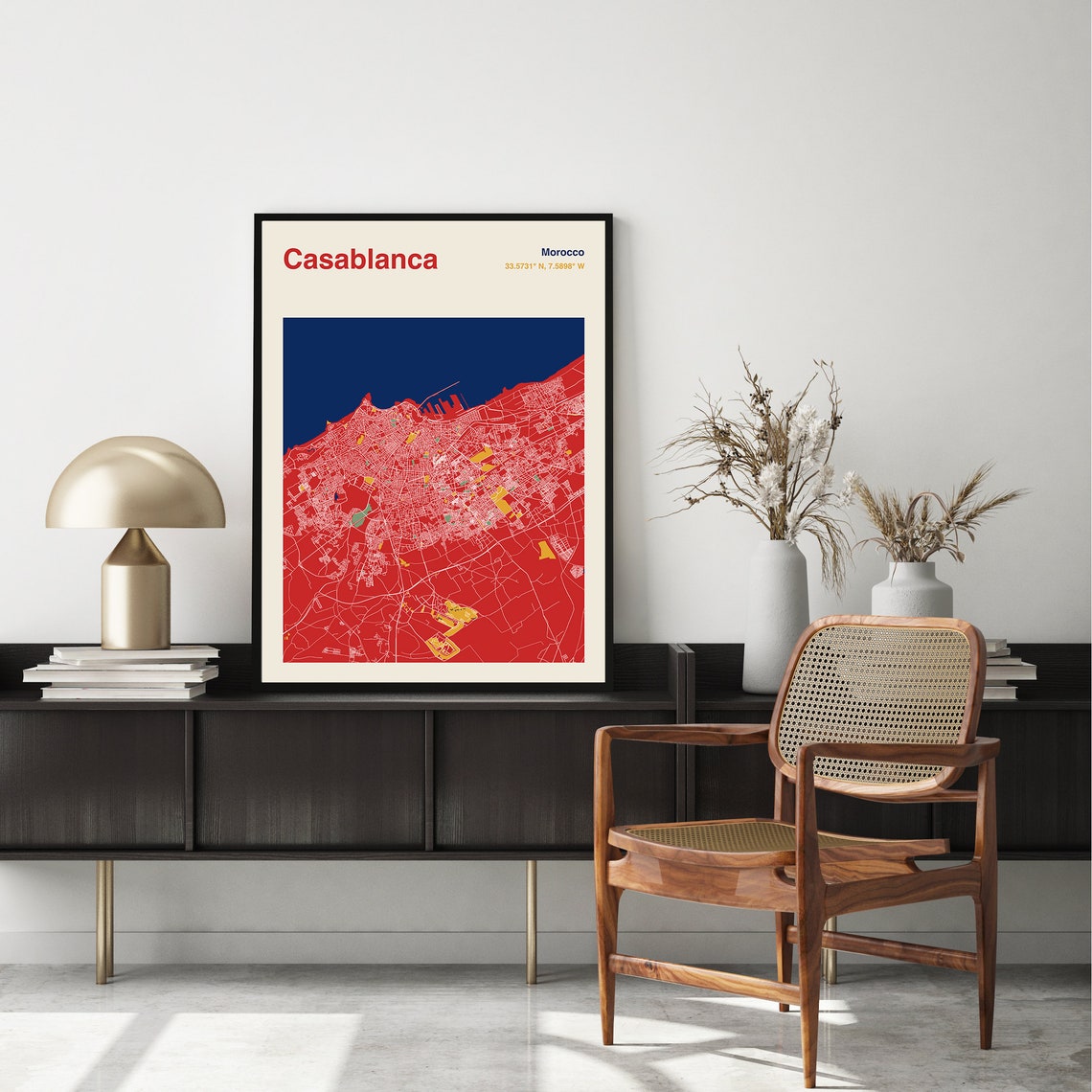 Bold Casablanca Morocco Red and Navy Colorful City Map Poster - Image 2