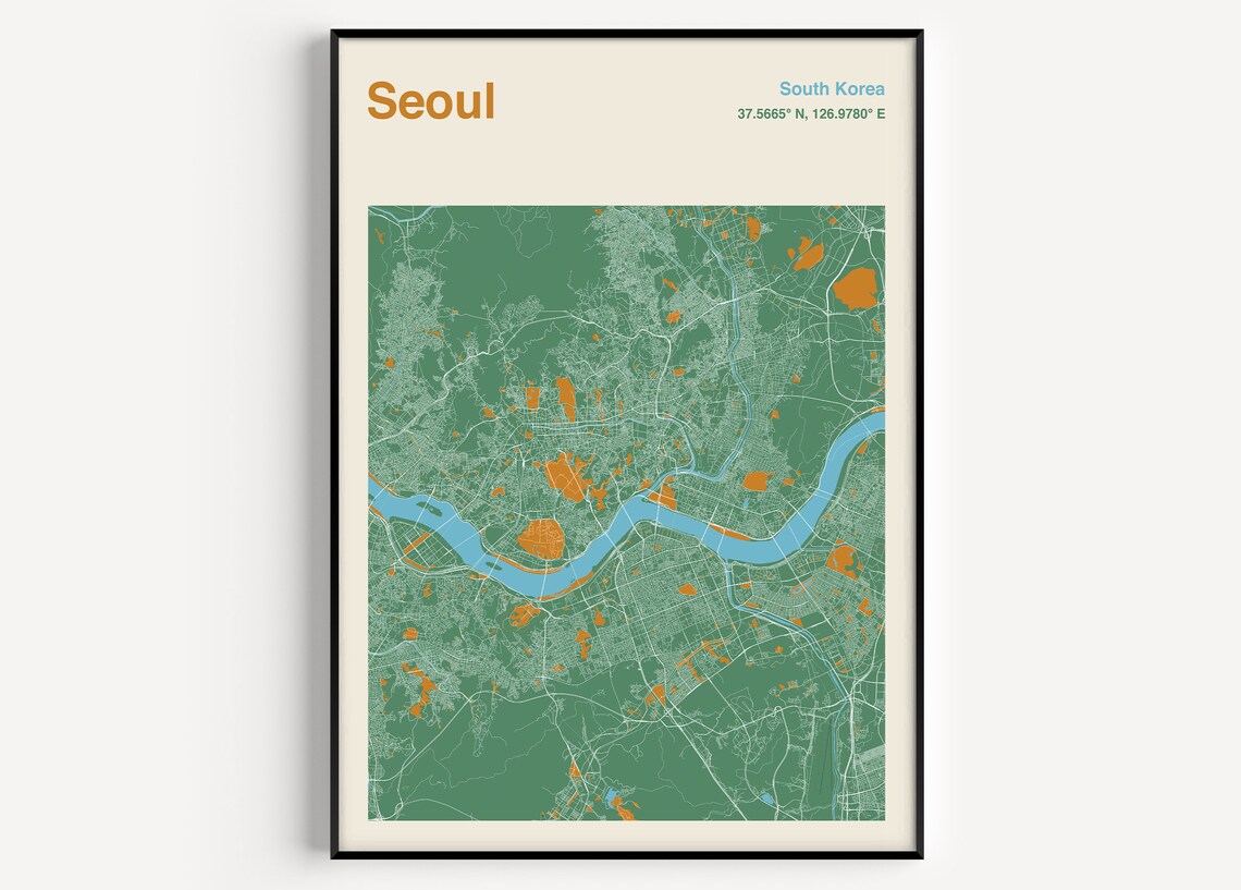 Vibrant Seoul South Korea Green and Orange Colorful City Map Poster