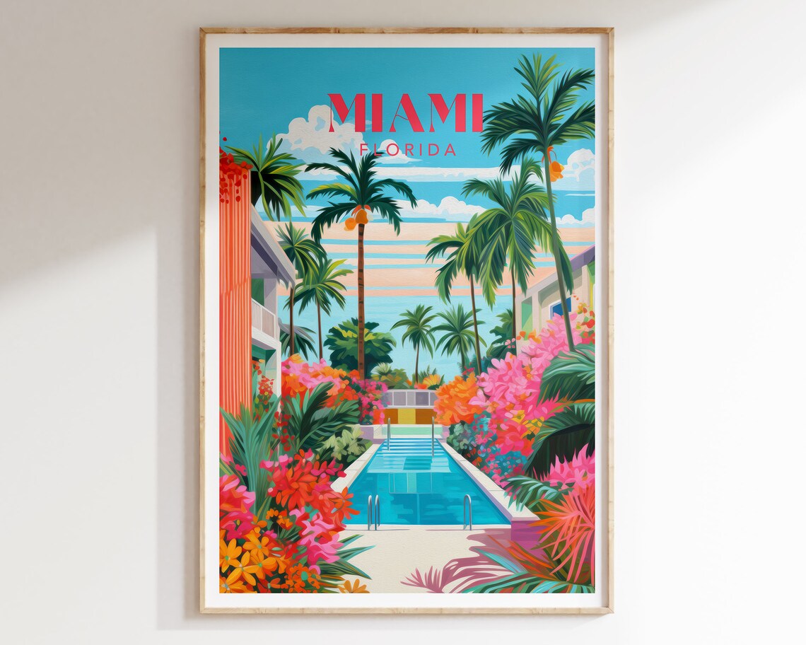 Miami Florida Retro Travel Poolside Palm Trees Vacation Poster