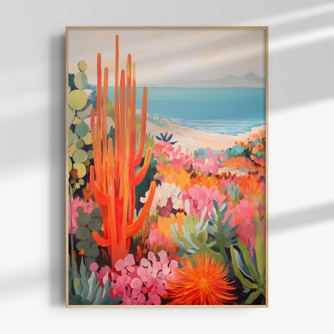 Maximalist Cactus Coastal Garden Vibrant Desert Ocean Art Poster