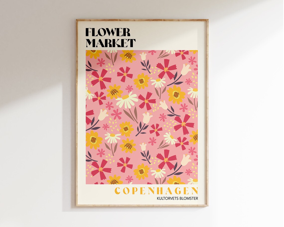 Copenhagen Flower Market Kultorvets Blomster Pink Retro Floral Poster
