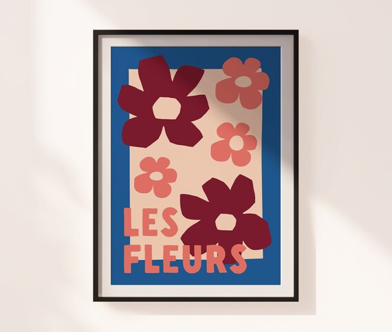 Les Fleurs Burgundy and Coral Blooms Blue Border Floral Art Poster