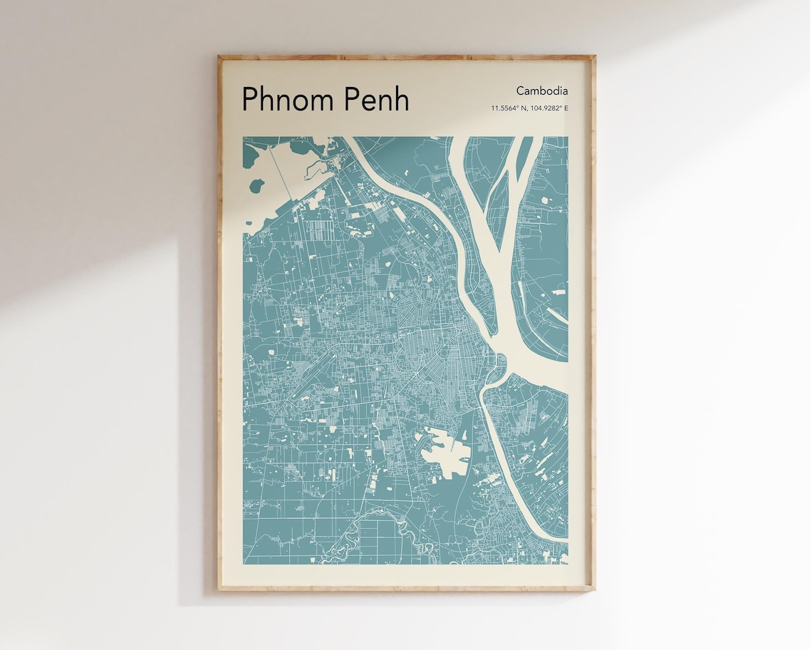 Phnom Penh Cambodia Monochrome Teal River City Street Map Art Poster