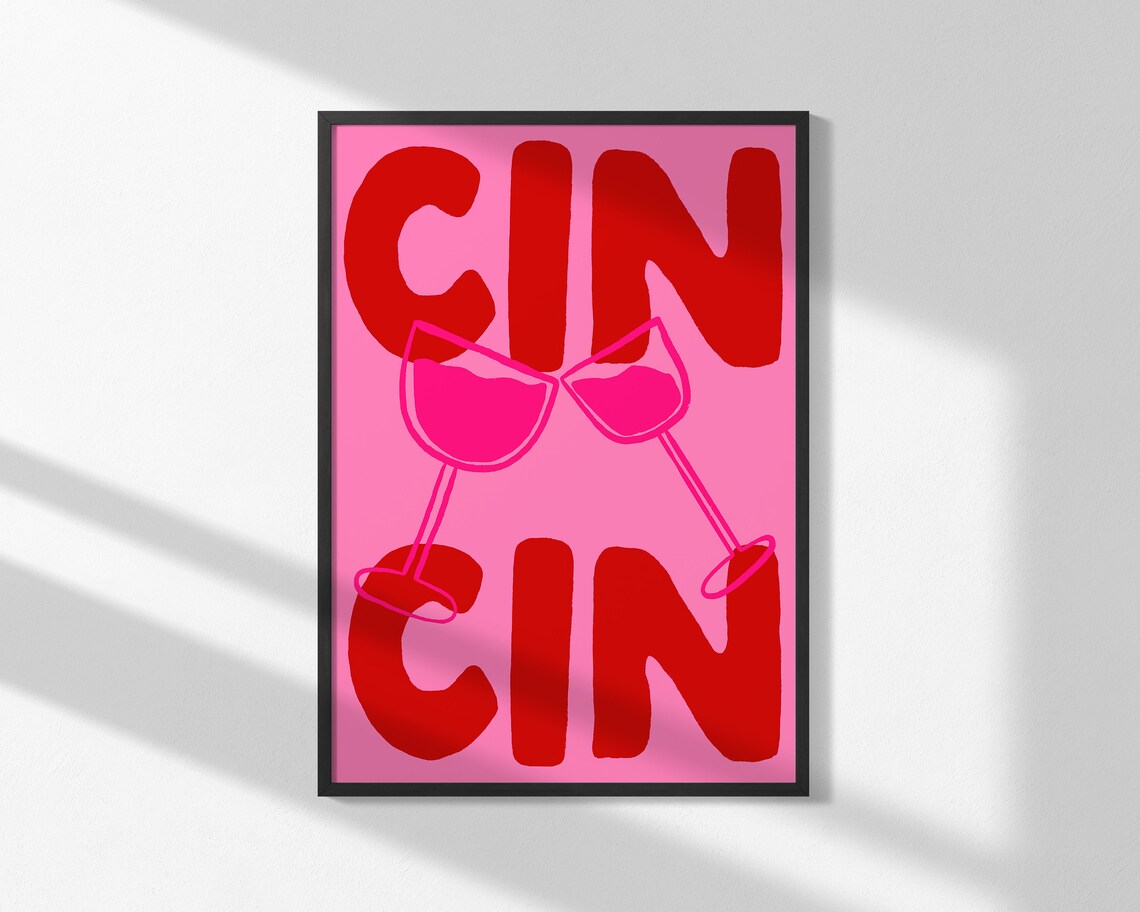 Cin Cin Cheers Clinking Wine Glasses Pink Italian Toast Art Poster