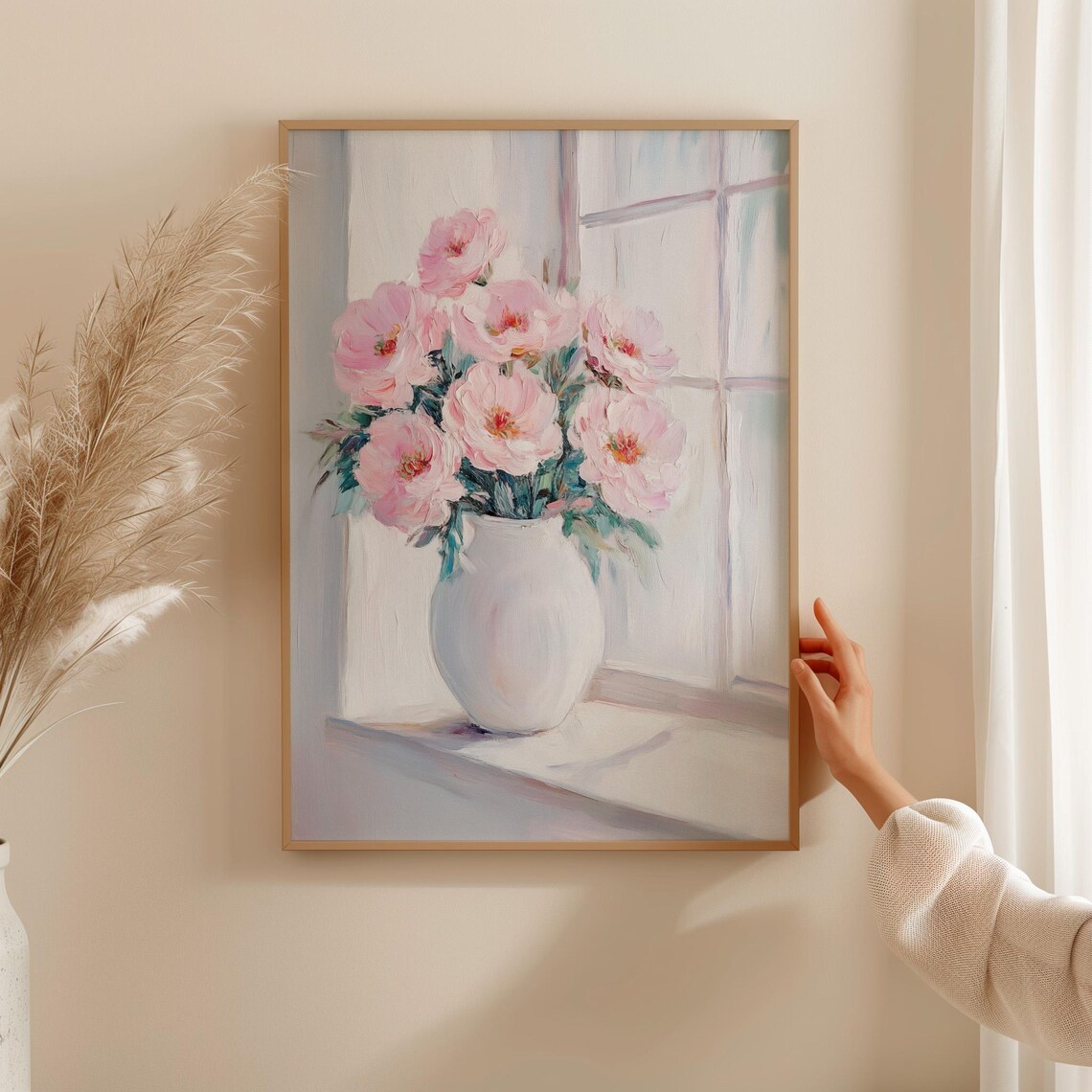 Pink Peonies In White Vase By Window Soft Oil Painting Poster - Image 3