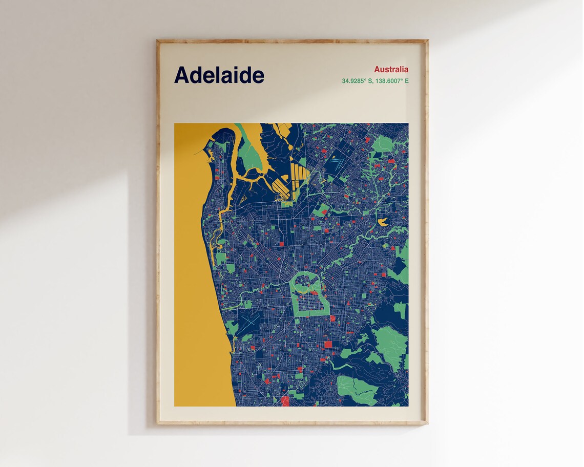 Adelaide Australia Colourful City Map Poster in Navy Gold Green Tones