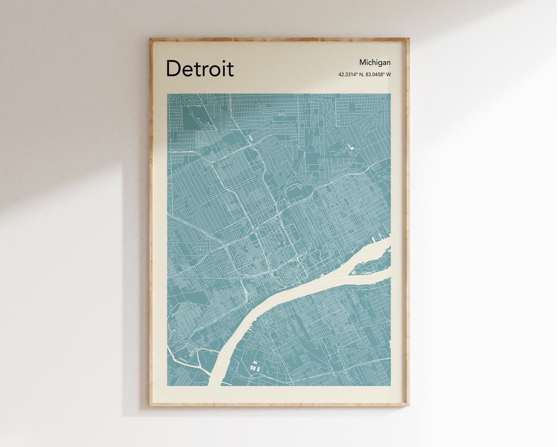 Detroit Michigan Teal Minimalist City Street Map Decor Poster