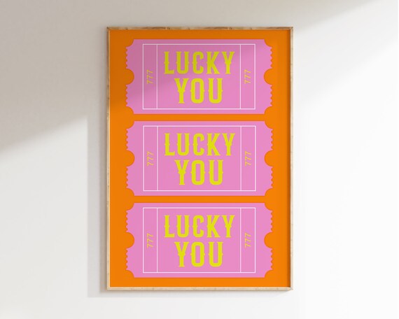 Lucky You 777 Pink Retro Ticket Stub Typography Pop Wall Art