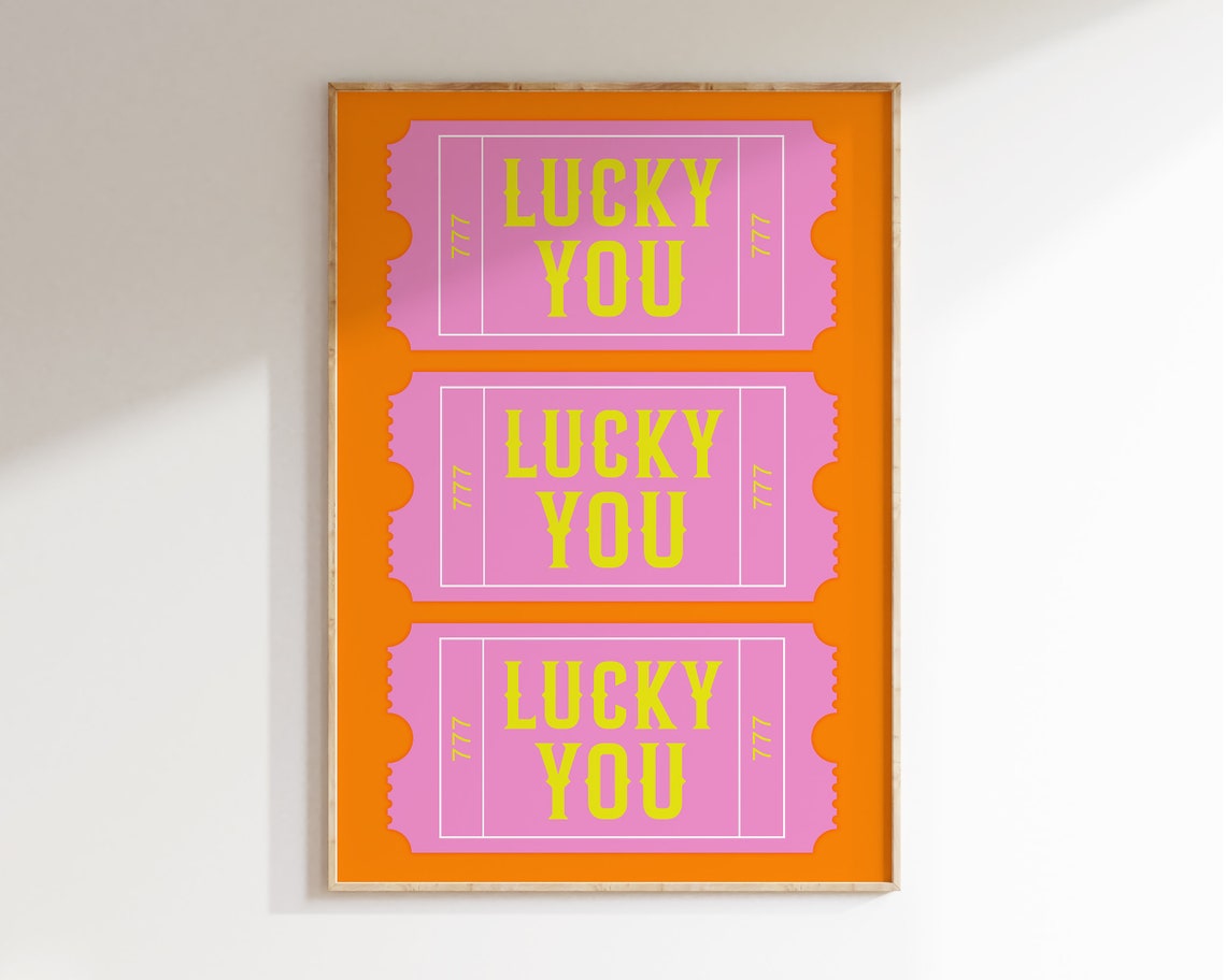Lucky You 777 Pink Retro Ticket Stub Typography Pop Wall Art