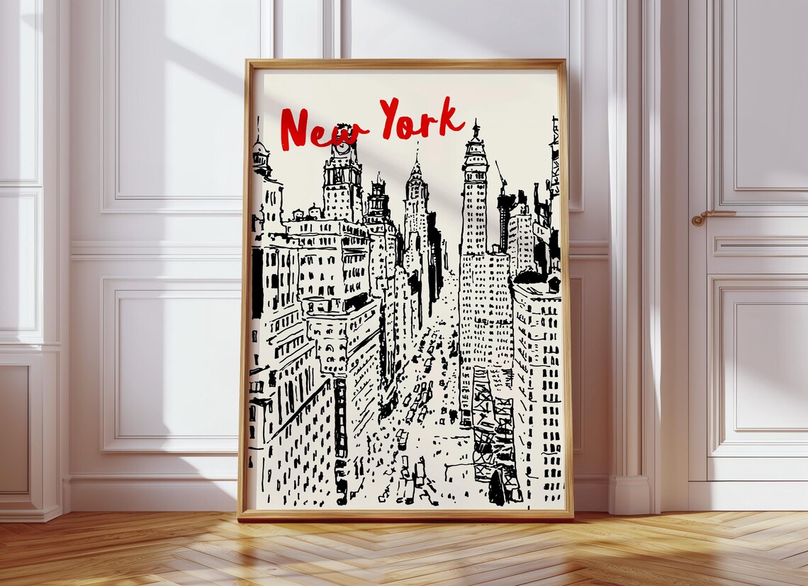 New York Black Manhattan Skyline Hand Drawn Vintage Travel Poster