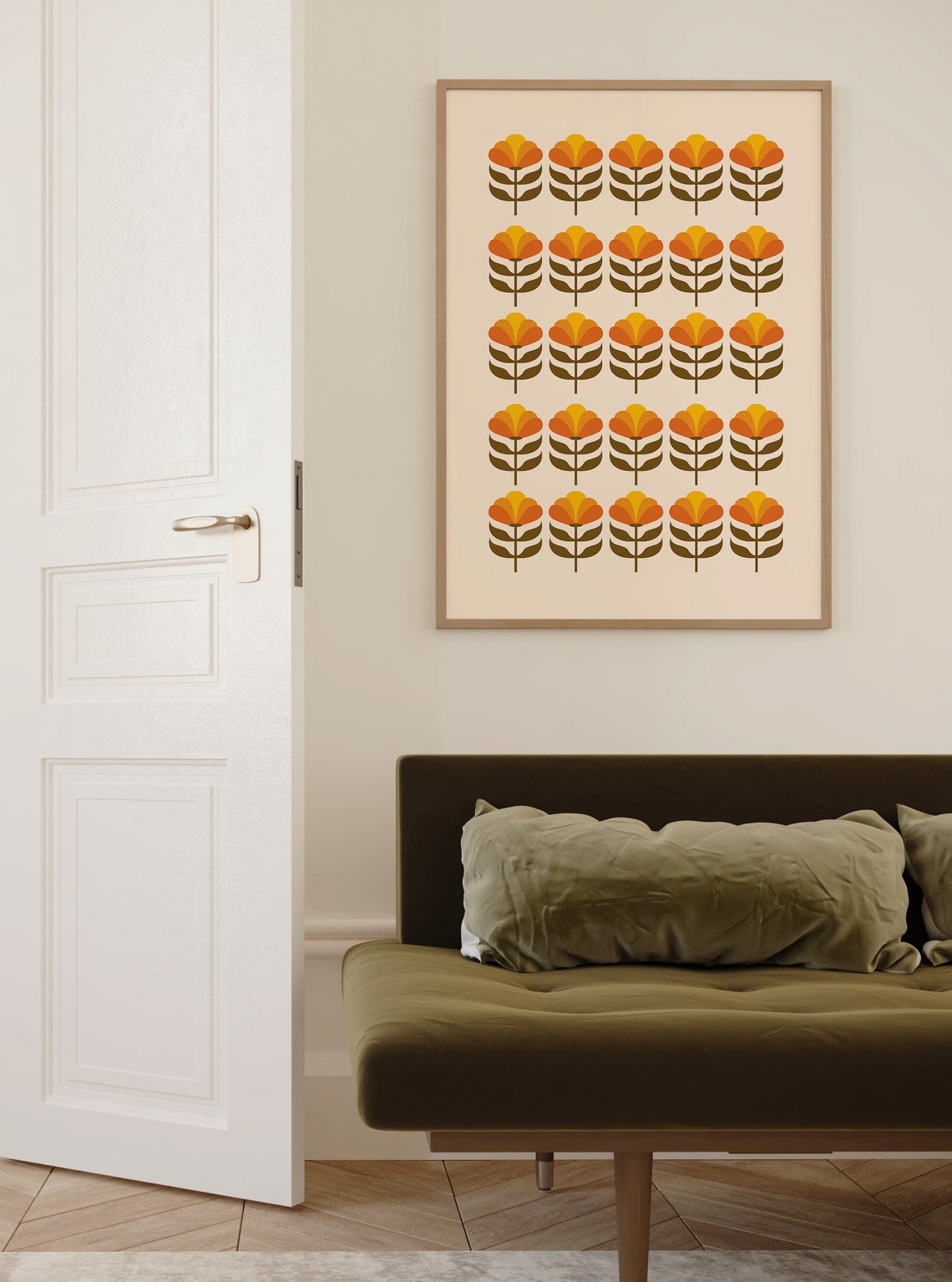 Retro Orange Flower Grid Mid Century Modern Botanical Art Poster - Image 2