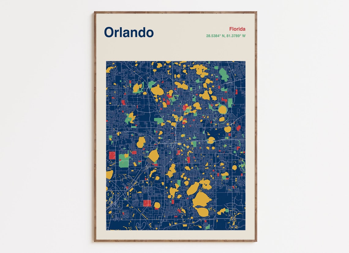 Orlando Florida Colorful Navy City Street Map Art Poster Wall Decor