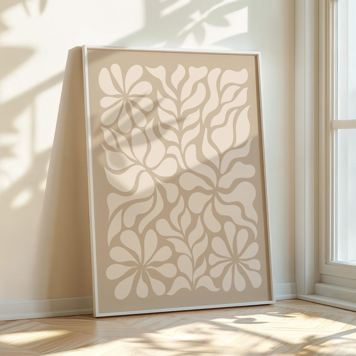 Beige Abstract Botanical Leaf Art Retro Wavy Flower Design Poster - Image 2
