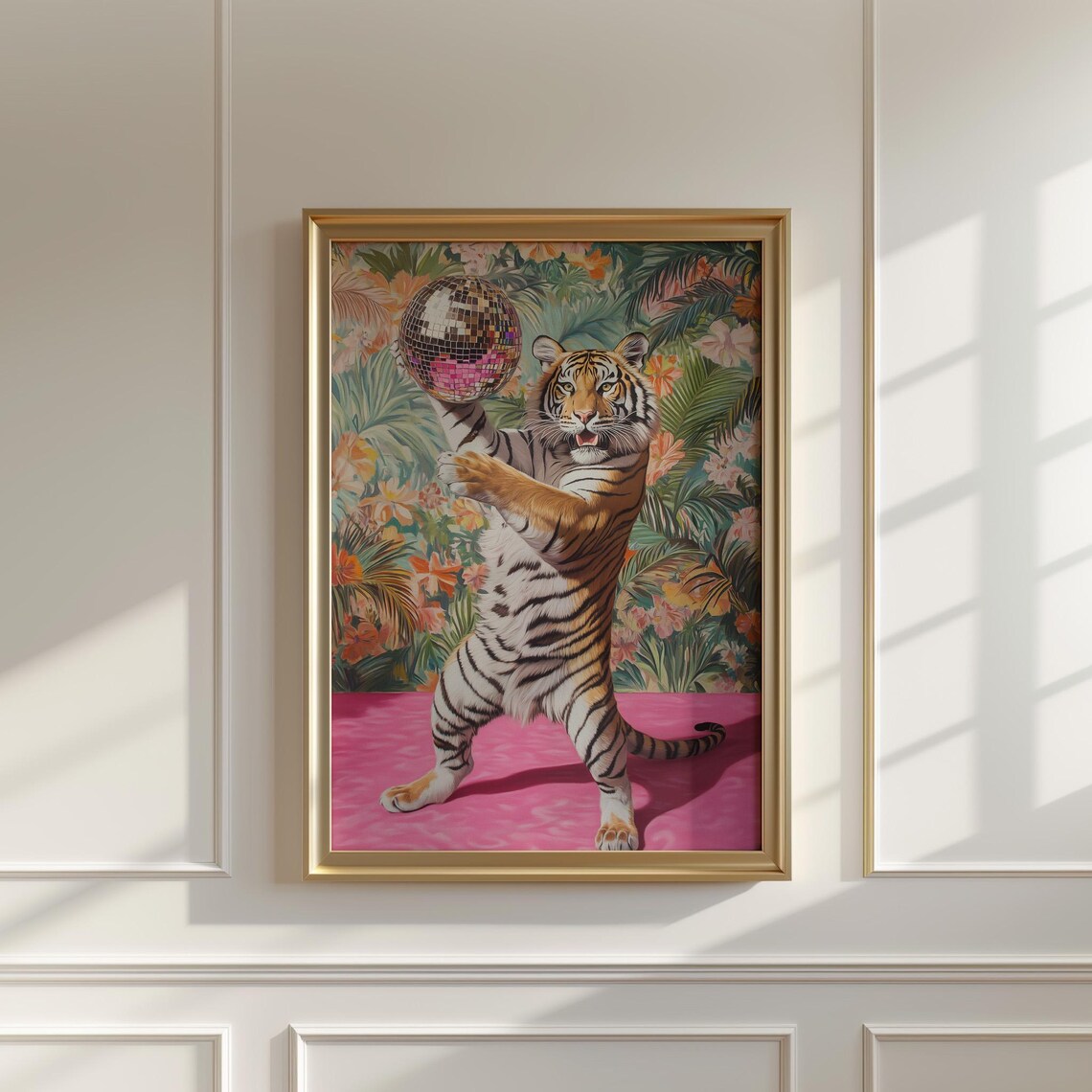 Tiger Holding Disco Ball Maximalist Tropical Painting Poster - Image 3