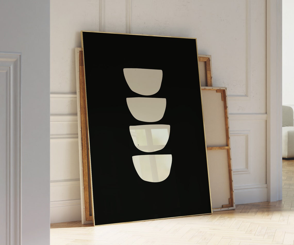 Black Abstract Stacked Bowls Mid Century Minimalist Gallery Wall Art