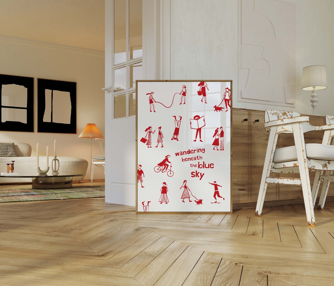 Whimsical Wandering Beneath The Blue Sky Red Doodle People Art Print - Image 2