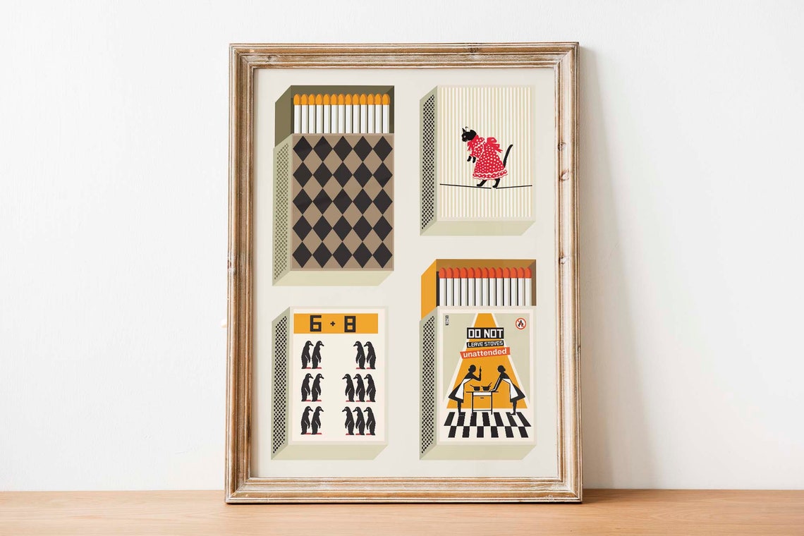 Vintage Matchbox Illustration Set Retro Collage Poster Wall Decor Art - Image 3