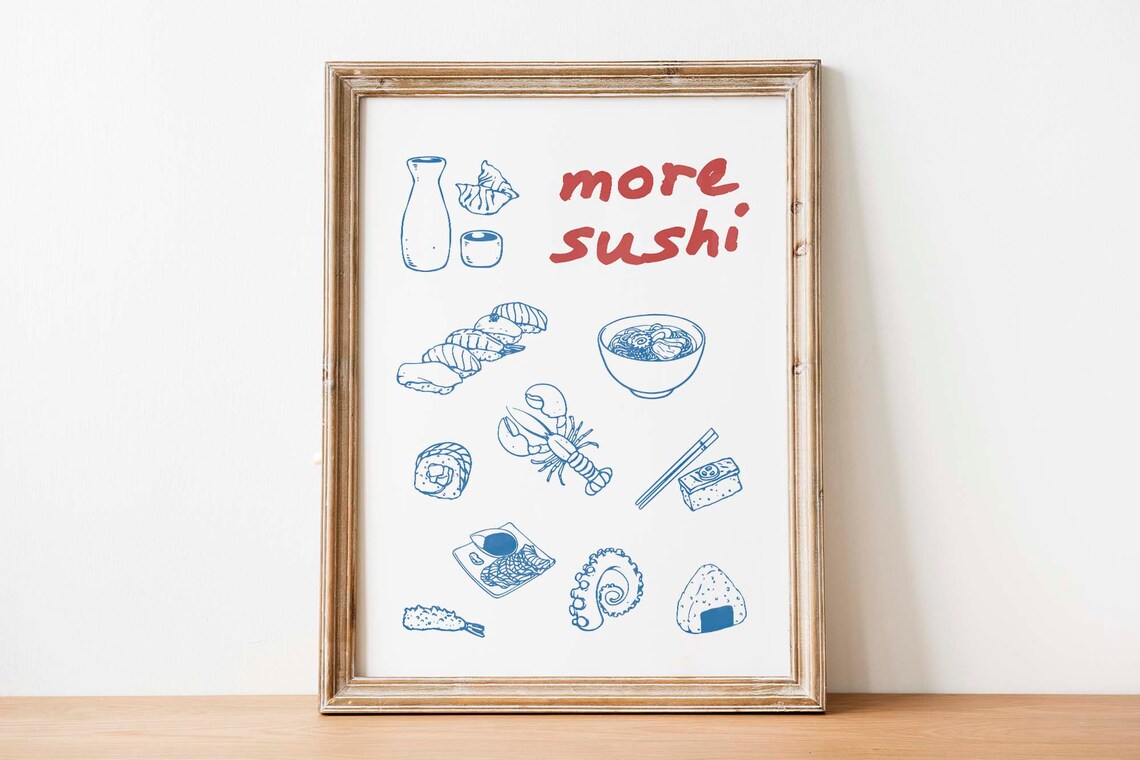 More Sushi Blue Line Art Japanese Food Sketch Kitchen Wall Poster - Image 3