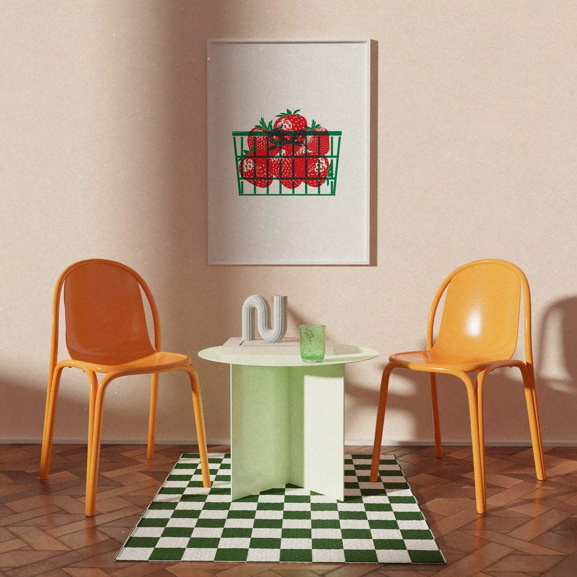 Red Strawberries Green Basket Retro Kitchen Fruit Summer Poster - Image 3
