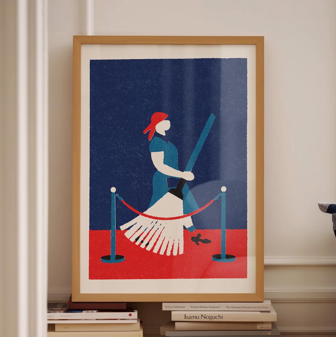 Woman Mopping Behind Velvet Rope Retro Illustration Poster Quirky