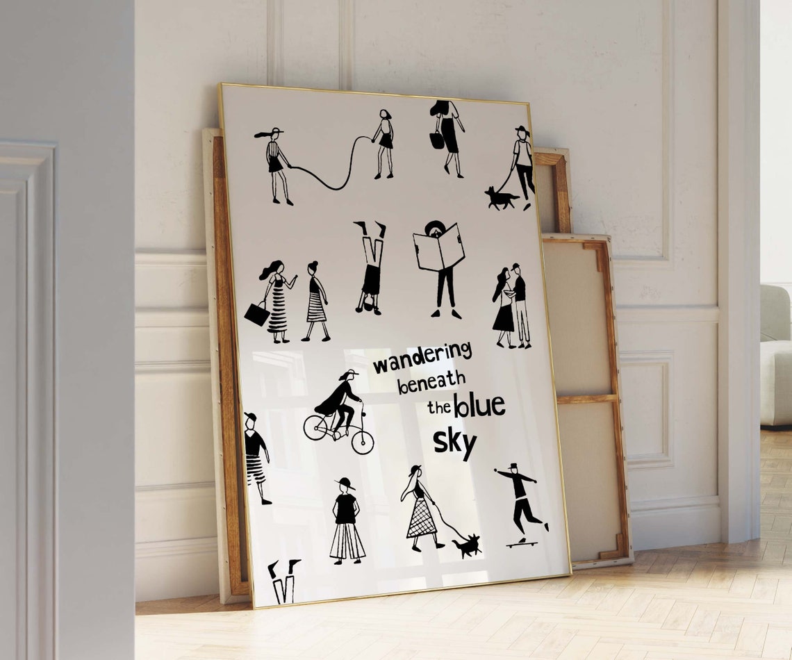 Wandering Beneath the Blue Sky Black White Line Art Figures Poster