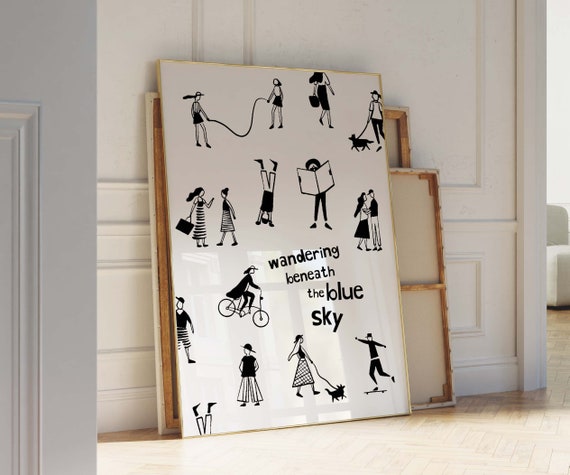 Hand Drawn Art Black White Wall Art Exhibition Poster Retro Illustration People Line Art Hand Drawn Minimalistic Large Size Art