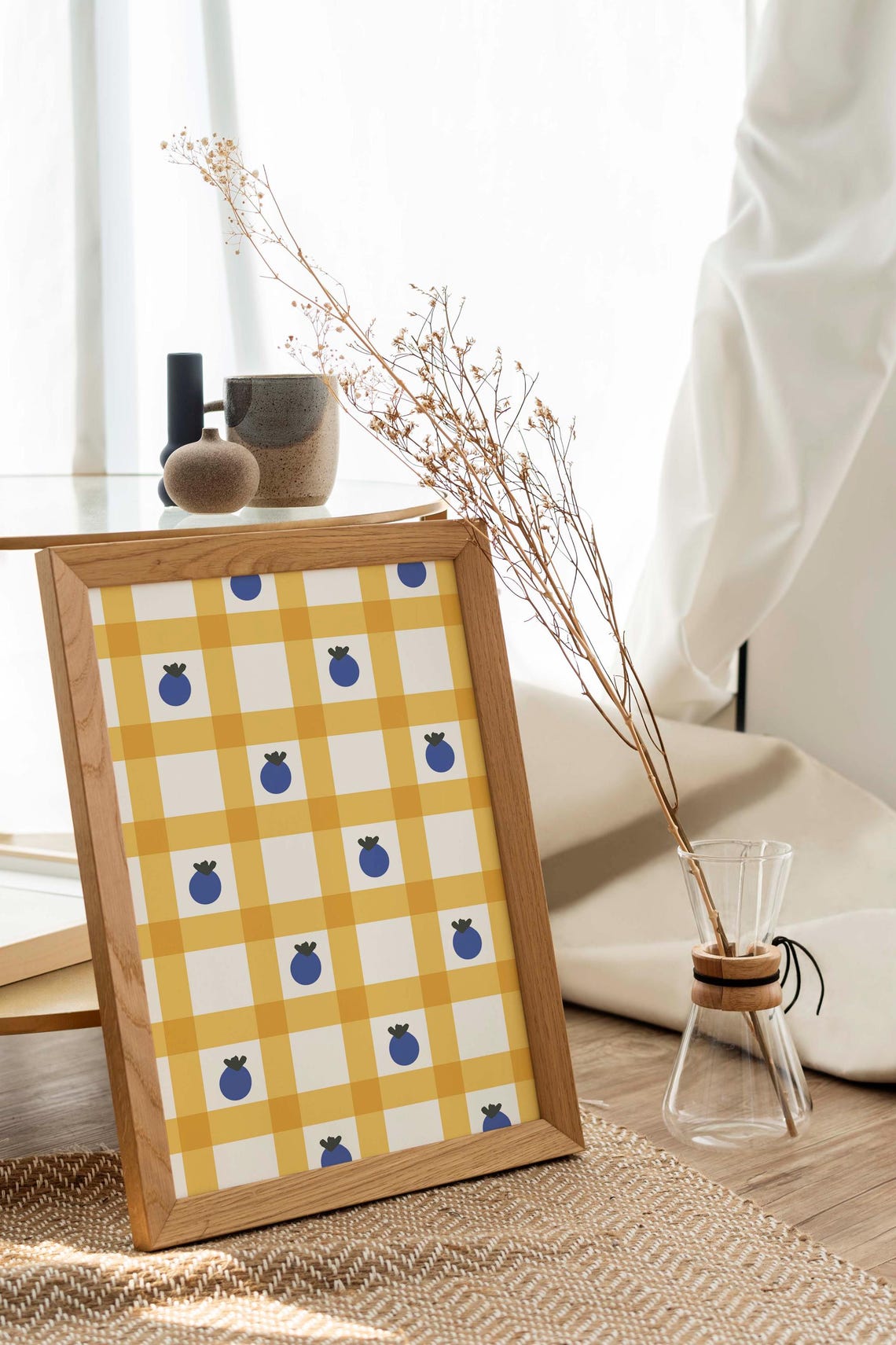 Yellow Gingham Blueberry Fruit Pattern Kitchen Wall Decor Poster Art - Image 2
