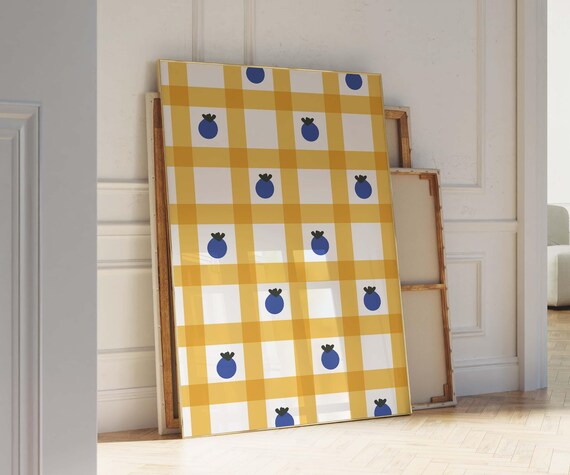 Yellow Gingham Blueberry Fruit Pattern Kitchen Wall Decor Poster Art