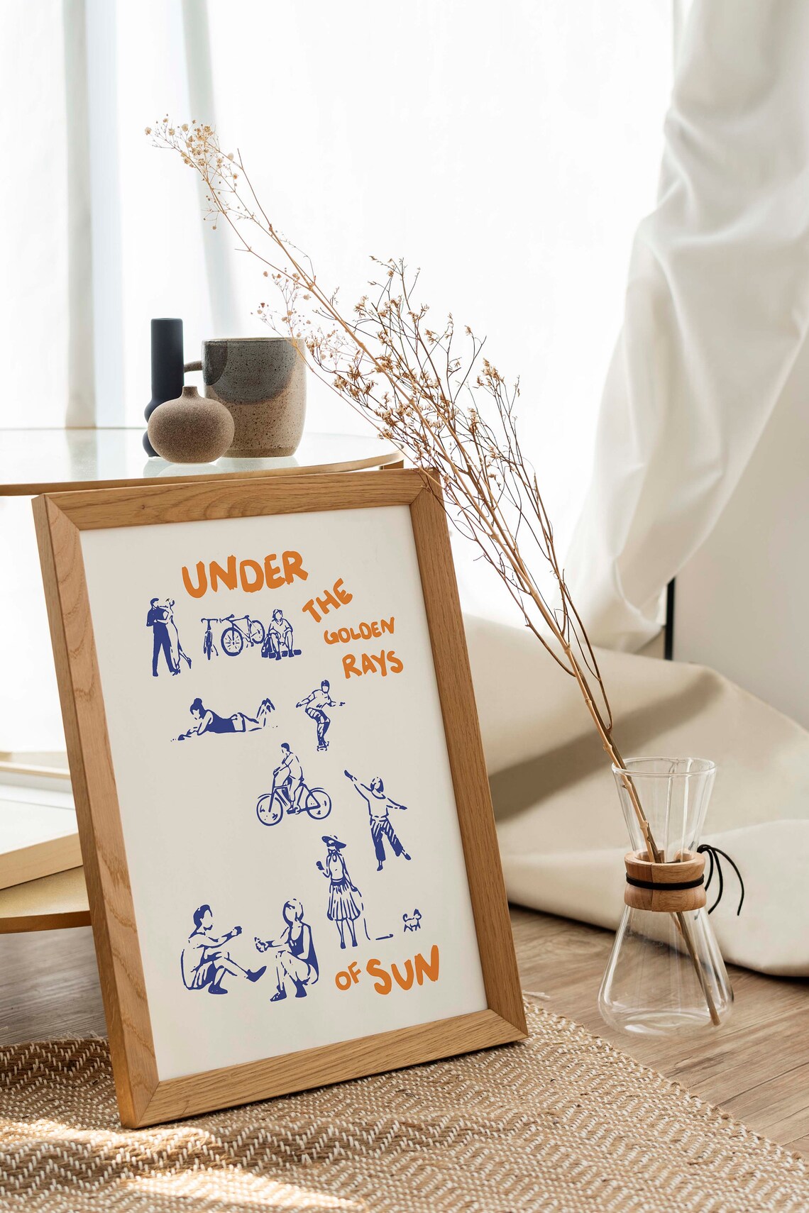 Under The Golden Rays Of Sun Orange Text Blue Figures Summer Art Poster - Image 3