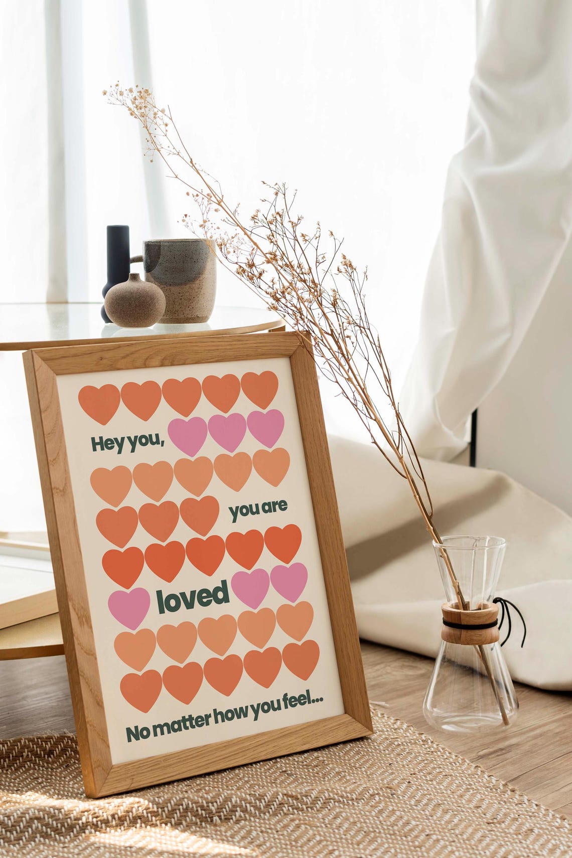 Hey You You Are Loved Orange Pink Hearts Affirmation Quote Poster - Image 2