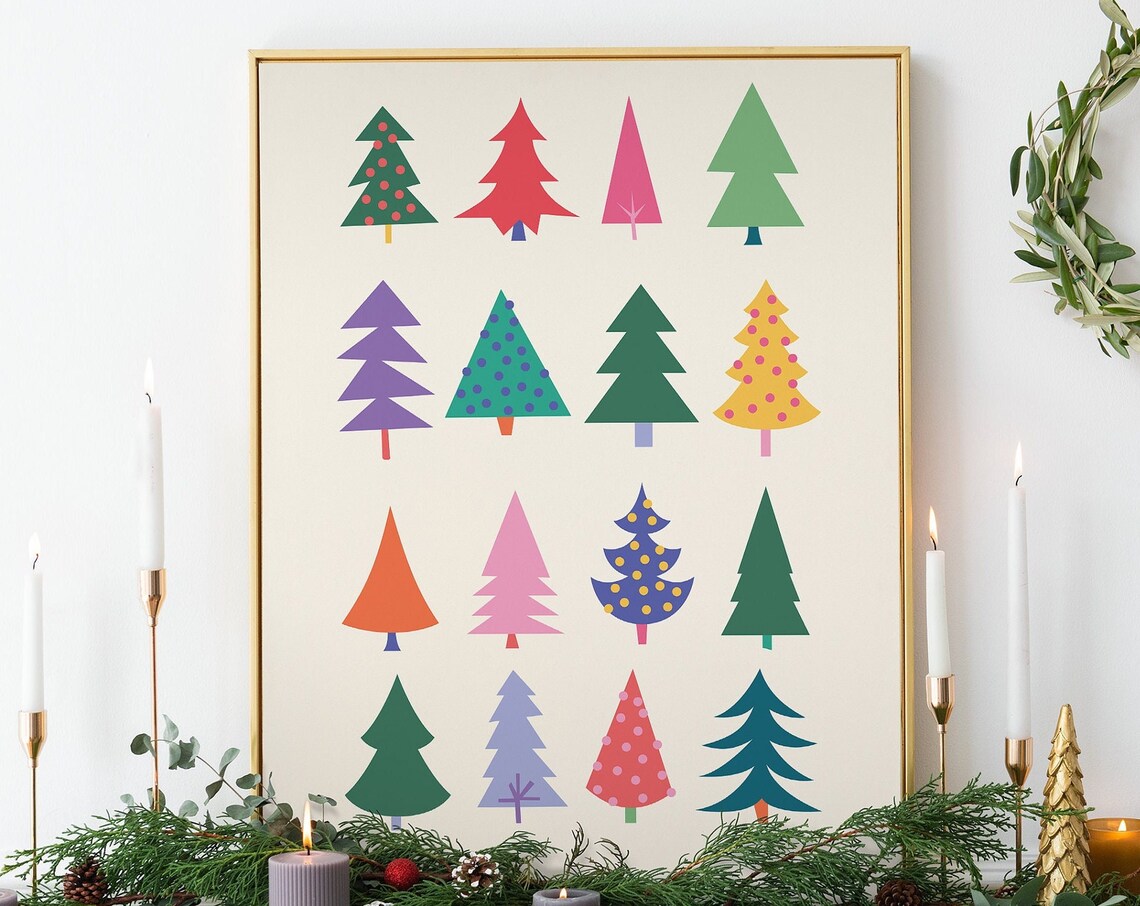 Colorful Christmas Trees Grid Modern Festive Holiday Art Poster