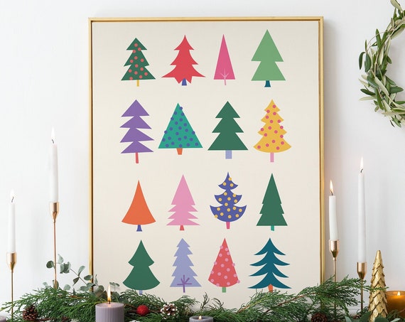 Colorful Christmas Trees Print Art Modern Christmas Decor Cute Holiday Wall Art Trendy Christmas Art Print