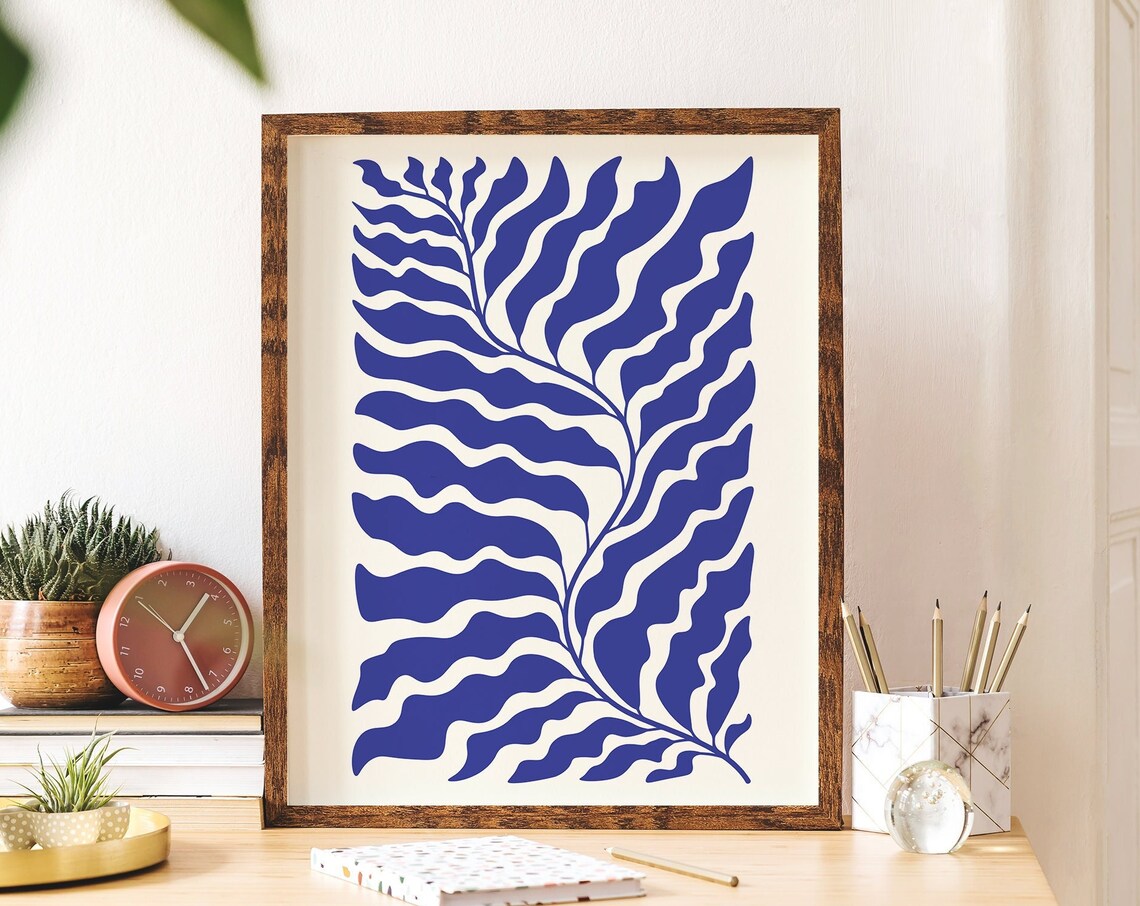 Cobalt Blue Wavy Fern Botanical Abstract Paper Cut Out Art Poster - Image 5